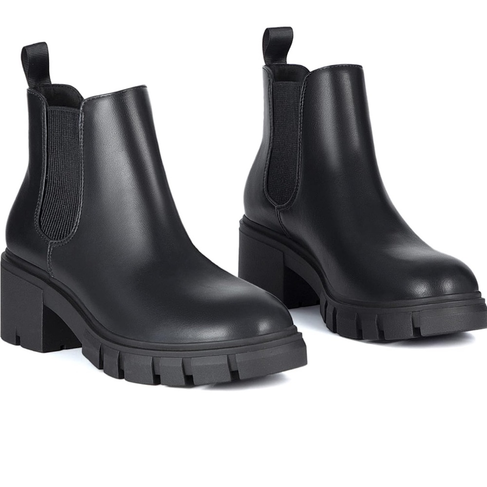 Athlefit Black Ankle Chelsea Boots Log Sole Chunky Heel Elastic Ankle